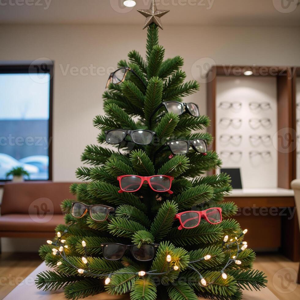 A unique Christmas tree adorned with eyeglasses displayed within an optical shop setting featuring twinkling fairy lights for added holiday cheer photo
