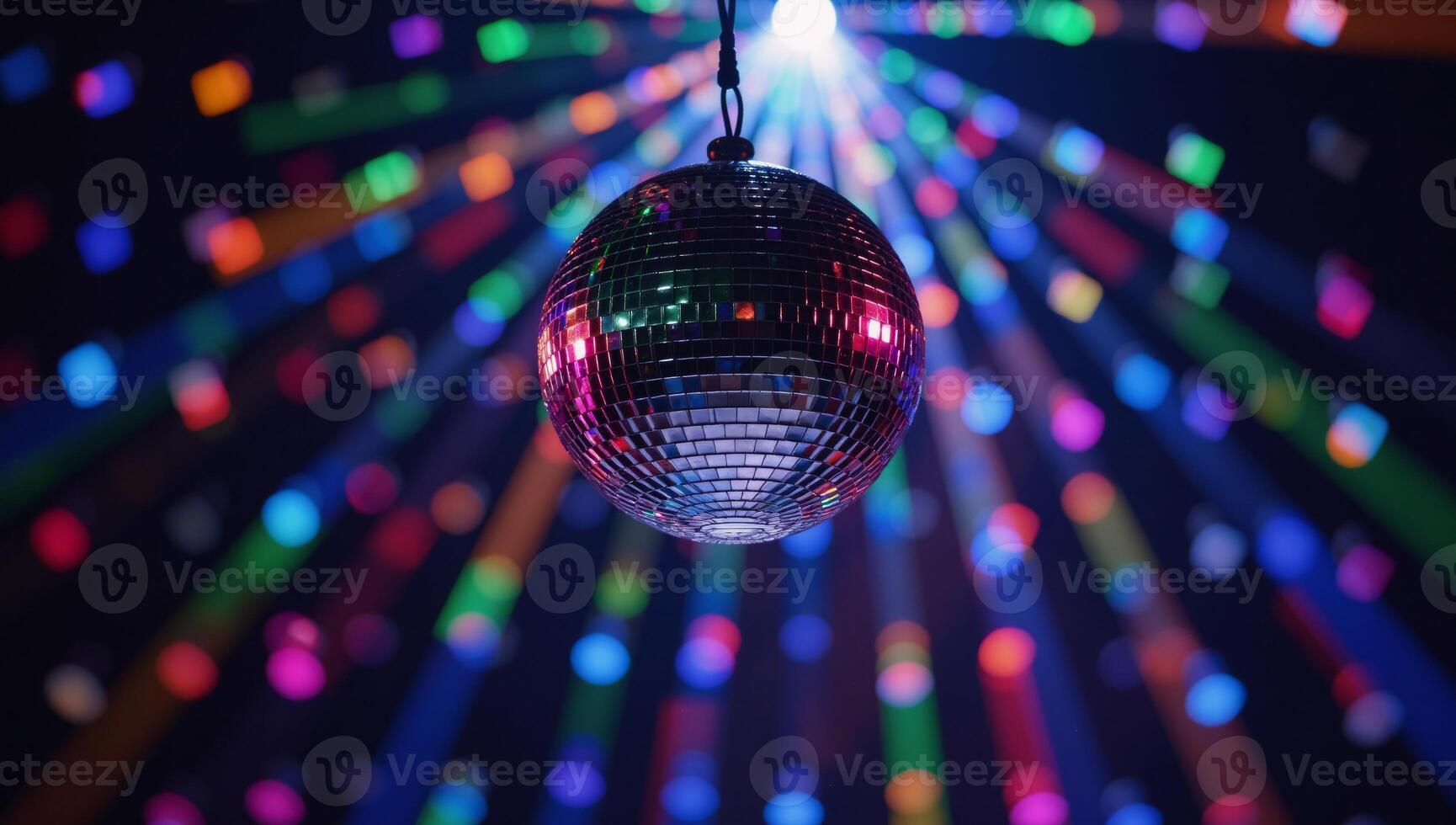 Vibrant mirrorball spins casting a kaleidoscopic glow at a lively party scene photo