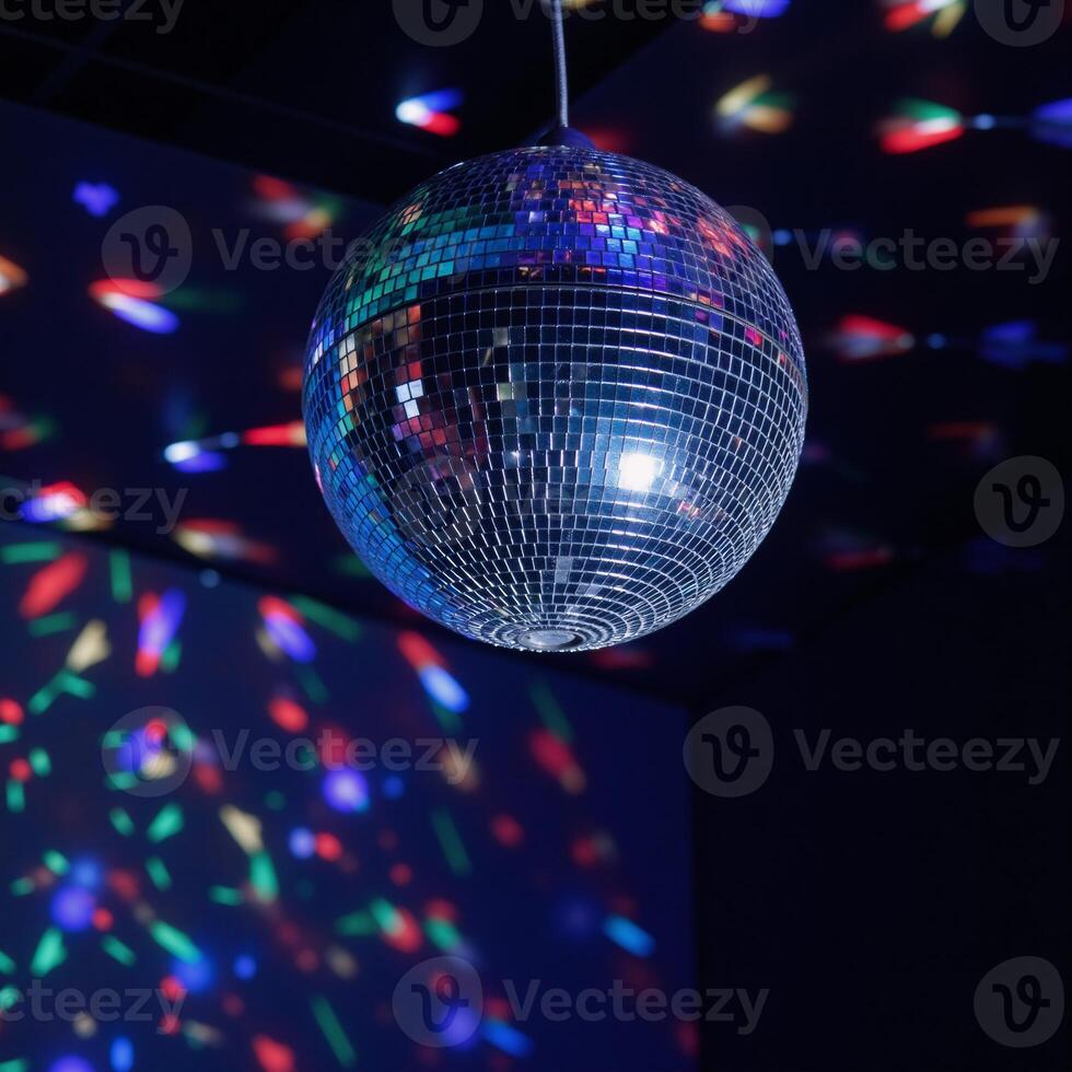 Vibrant mirrorball spins casting a kaleidoscopic glow at a lively party scene photo