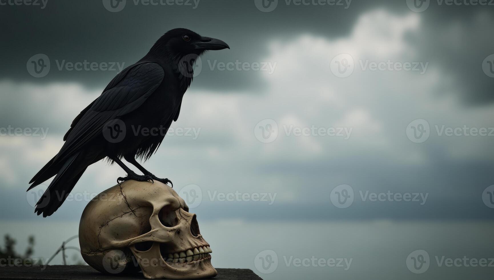 Black raven perched atop grimy skull amidst foreboding clouds photo