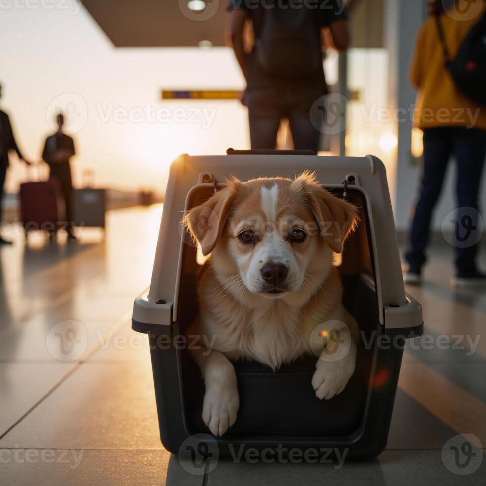 Cute dog traveling at golden hour with airport background pet carrier photo