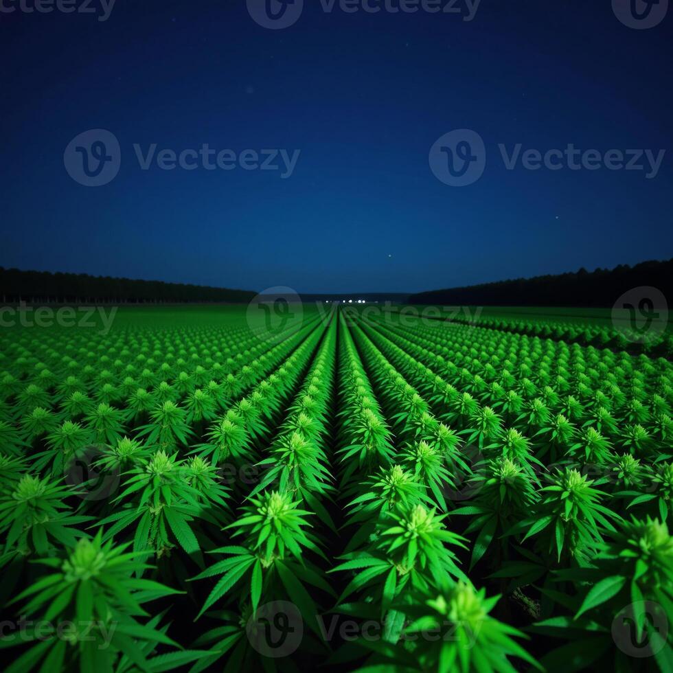 A moonlit cannabis field under a starry sky photo