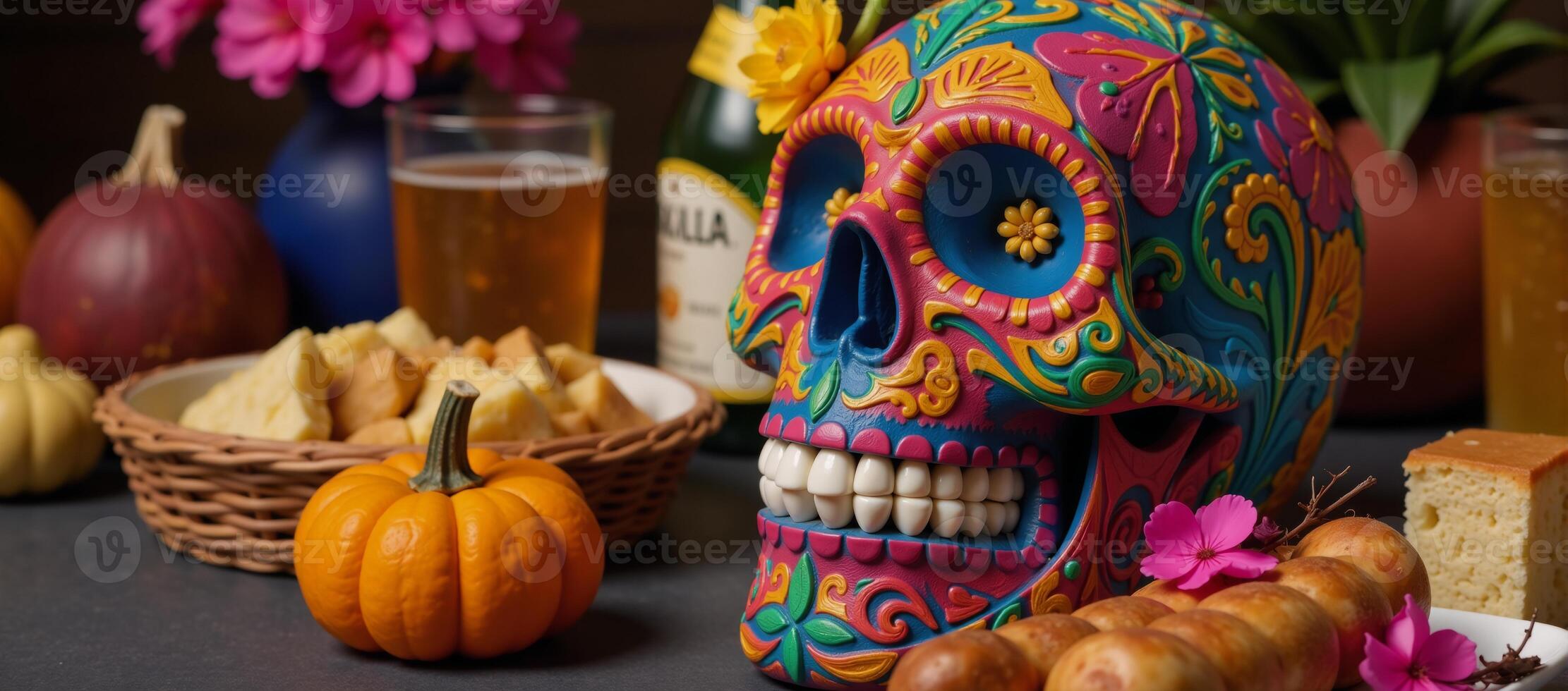 Vibrant Skull Offering Festive Food Flowers photo