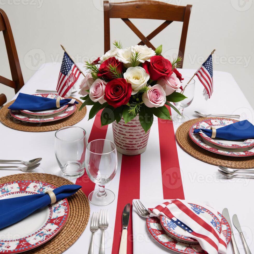Patriotic table setting showcasing American flags and a redwhiteblue theme photo