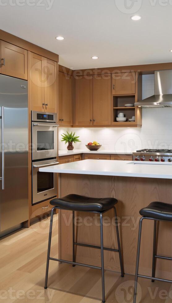 A classic kitchen scene showcases an interior filled with cooking cabinets and a bar counter alongside a refrigerator photo