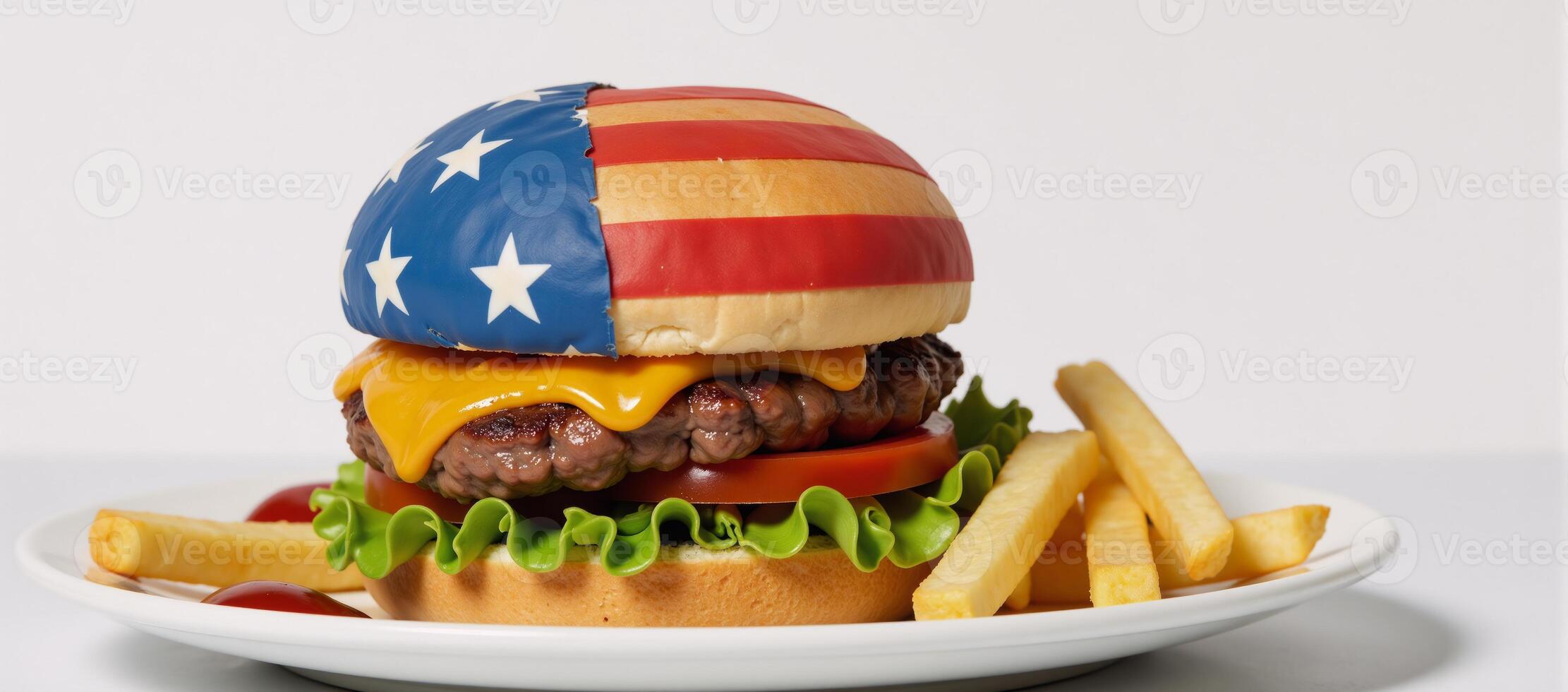A patriotic scene showcasing an American flag alongside a large beefburger celebrating Independence Day USA photo