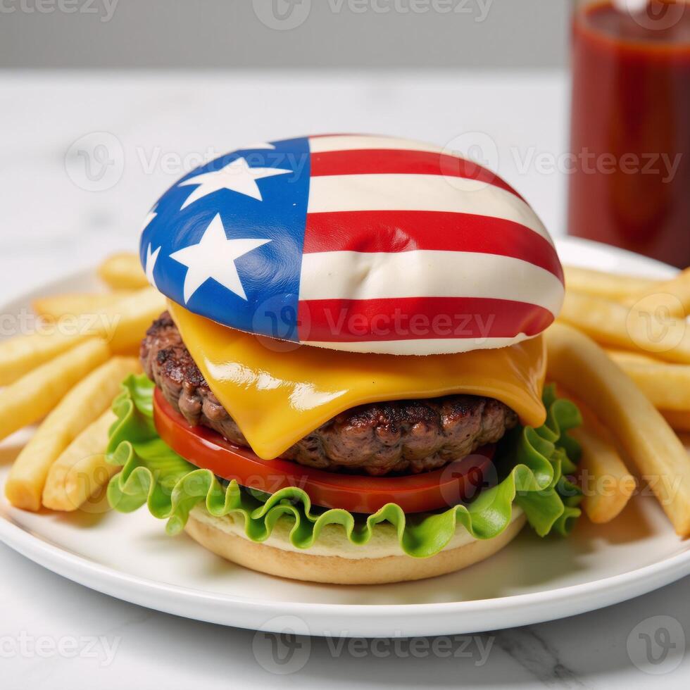 A patriotic scene showcasing an American flag alongside a large beefburger celebrating Independence Day USA photo