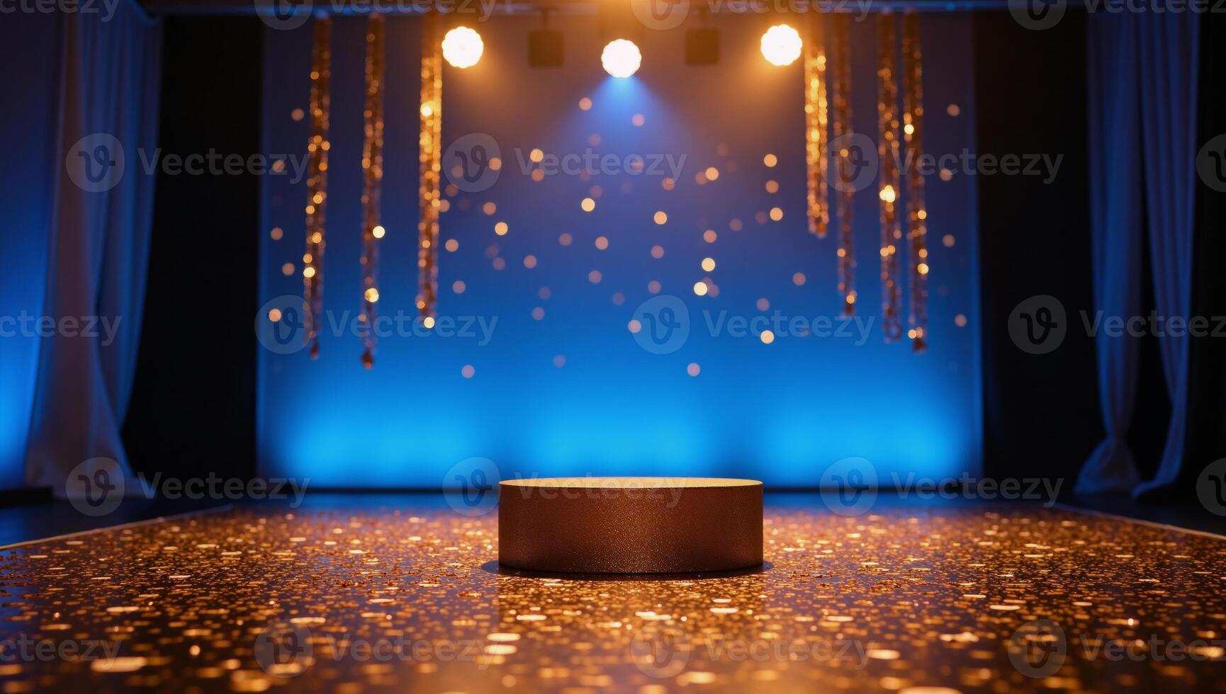 Empty bluelit stage adorned with luxe golden confetti and glittering sequins creates a captivating dance floor atmosphere photo