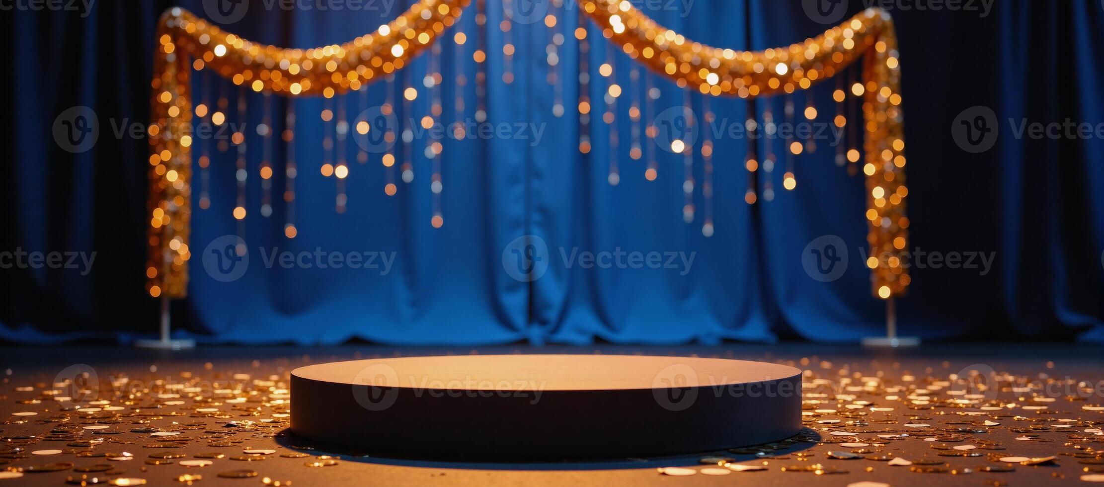 Empty bluelit stage adorned with luxe golden confetti and glittering sequins creates a captivating dance floor atmosphere photo