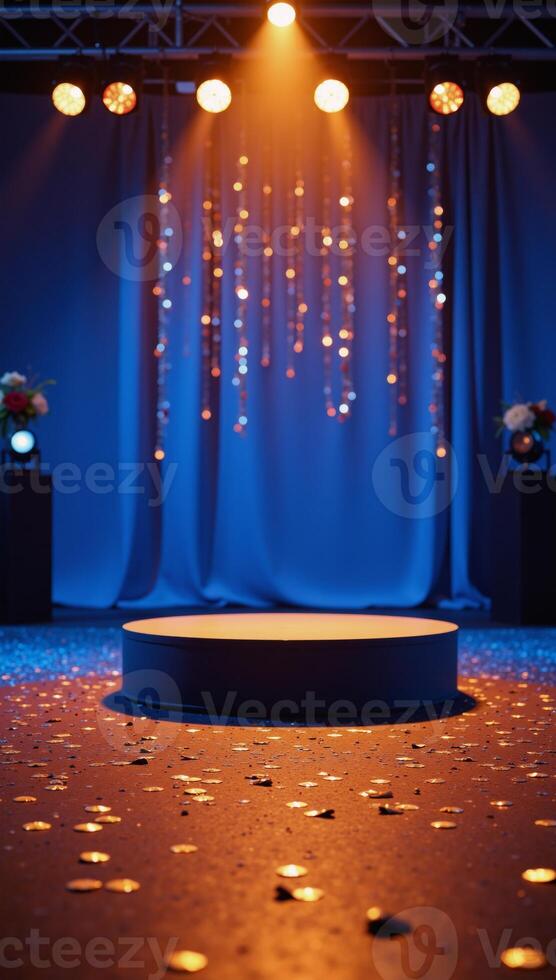Empty bluelit stage adorned with luxe golden confetti and glittering sequins creates a captivating dance floor atmosphere photo