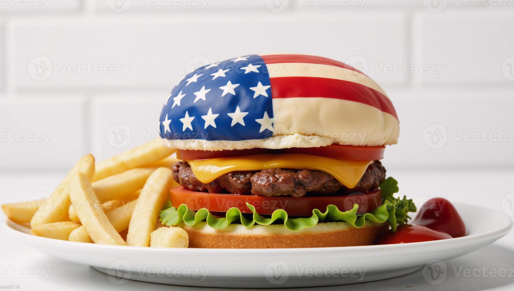 A patriotic scene showcasing an American flag alongside a large beefburger celebrating Independence Day USA photo