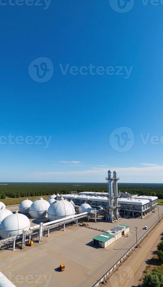 A panoramic view of an industrial landscape with chemical plants and spherical reservoirs showcasing the surrounding chemical waste storage areas and advanced industrial technology in a detailed 3D photo