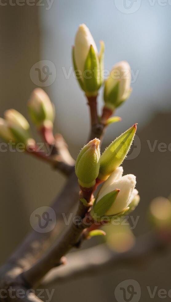 Closeup shot captures early blooms unfurling on a spring tree branch photo