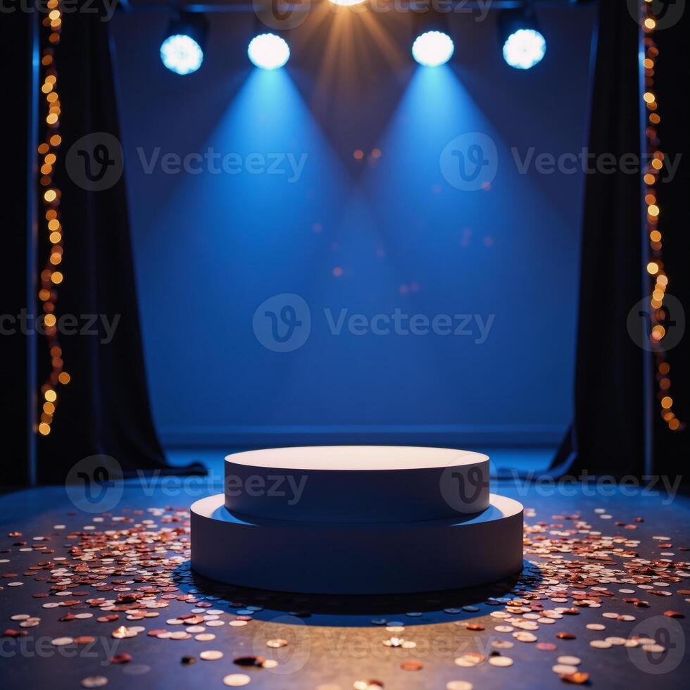 Empty bluelit stage adorned with luxe golden confetti and glittering sequins creates a captivating dance floor atmosphere photo