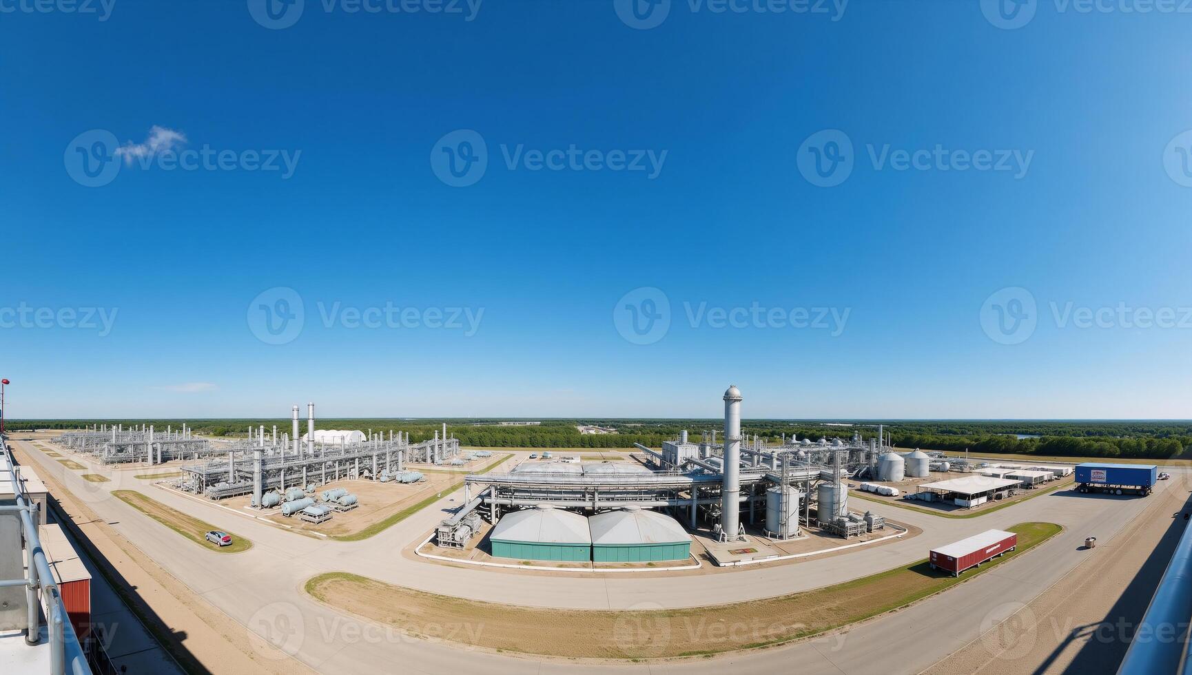 A panoramic view of an industrial landscape with chemical plants and spherical reservoirs showcasing the surrounding chemical waste storage areas and advanced industrial technology in a detailed 3D photo