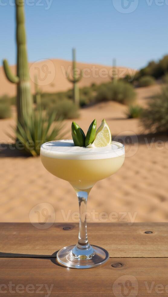 Cactusinfused Margarita served amidst a desert backdrop featuring cactus fruit lime garnish photo