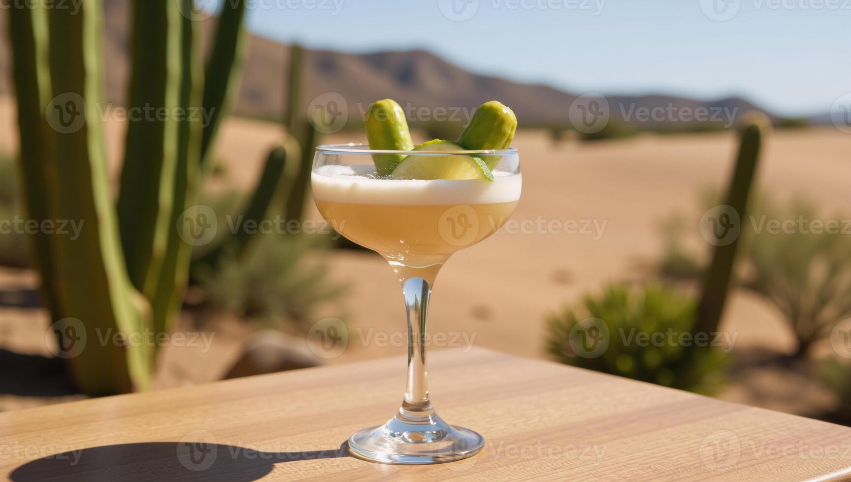 Cactusinfused Margarita served amidst a desert backdrop featuring cactus fruit lime garnish photo