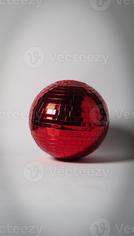 Isolated red disco ball glows against blank canvas backdrop photo