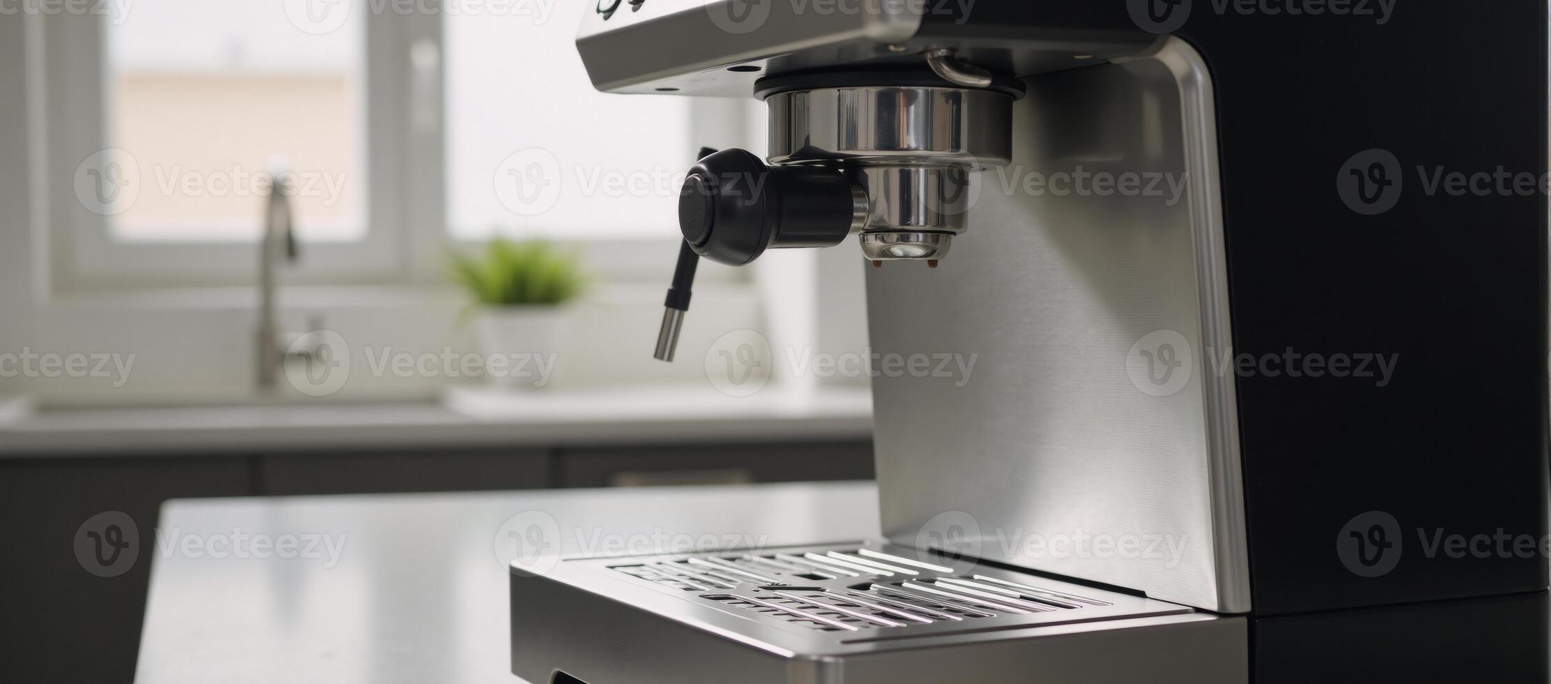 Modern stainlesssteel coffee maker with sleek design sits on clean counter against blurred kitchen backdrop photo