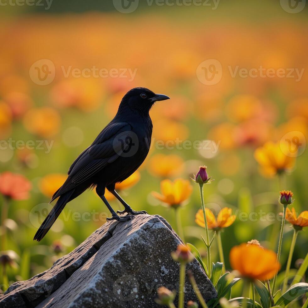 A black bird perched on a rock amidst a vibrant wildflower field bathed in sunlight photo
