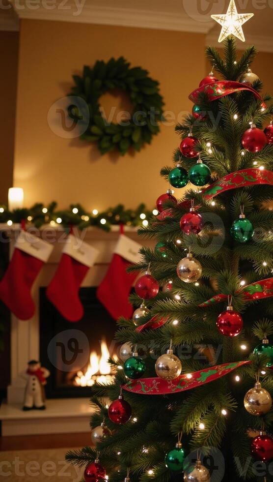 Richly adorned Christmas Tree with Colorful Ornaments and Glowing Star in Warm Holiday Background photo