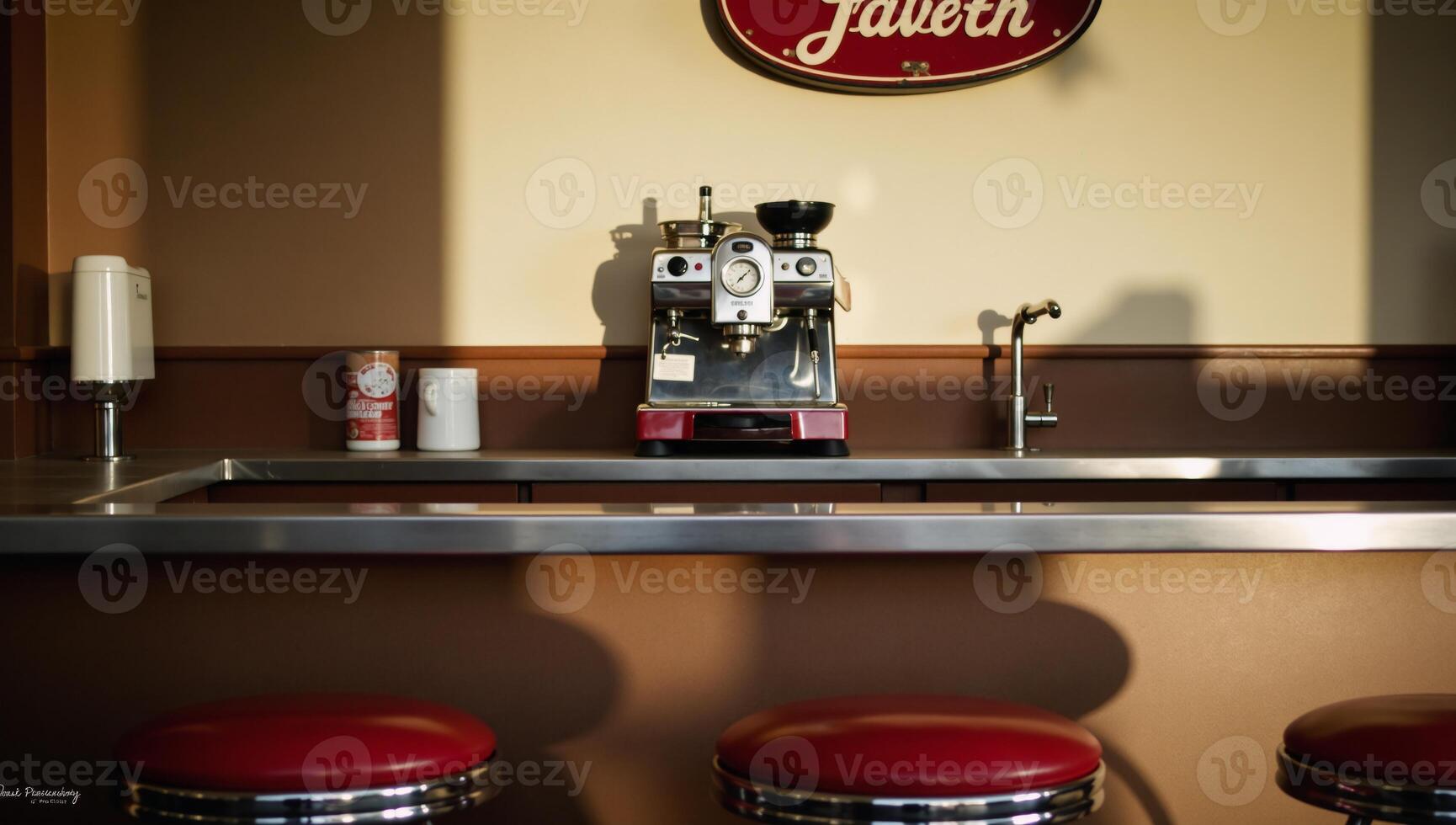 A retro diner counter featuring coffee maker and stools photo