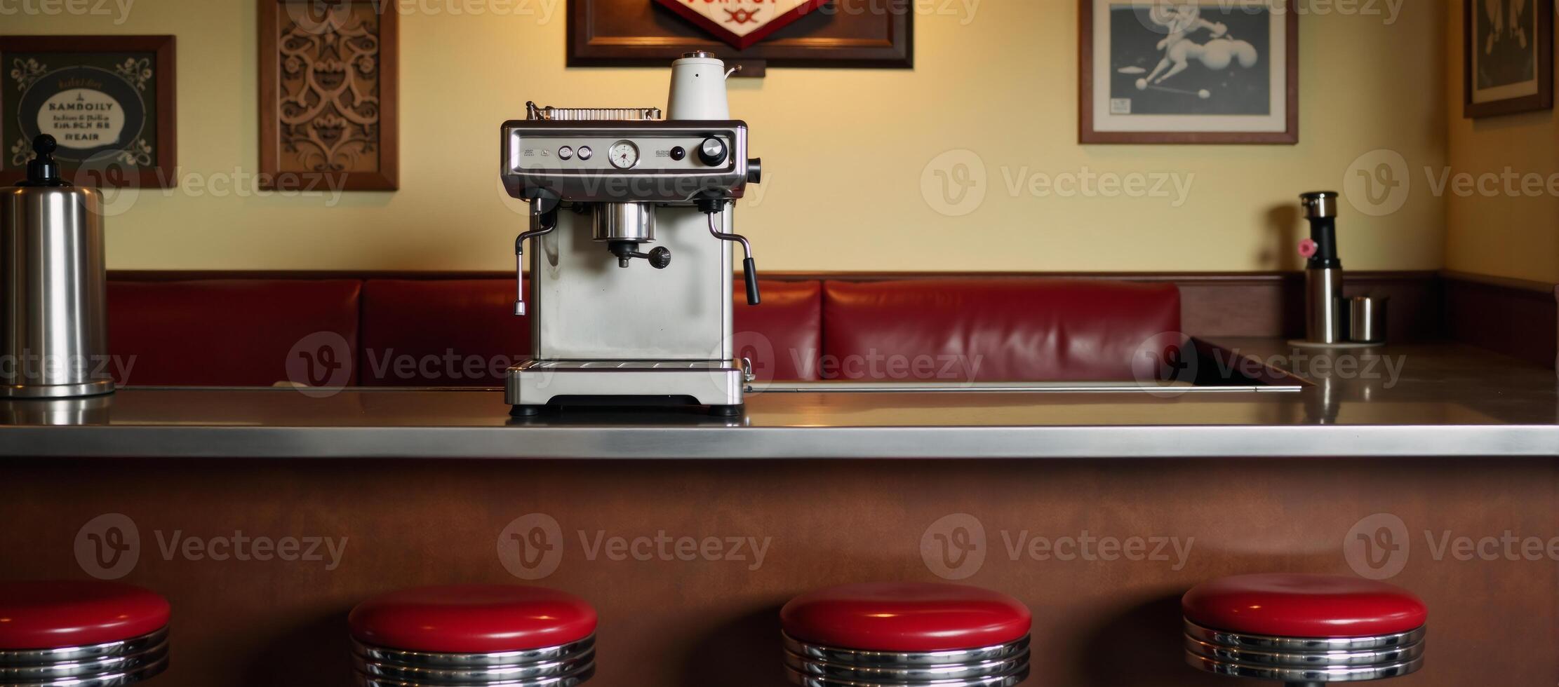 A retro diner counter featuring coffee maker and stools photo
