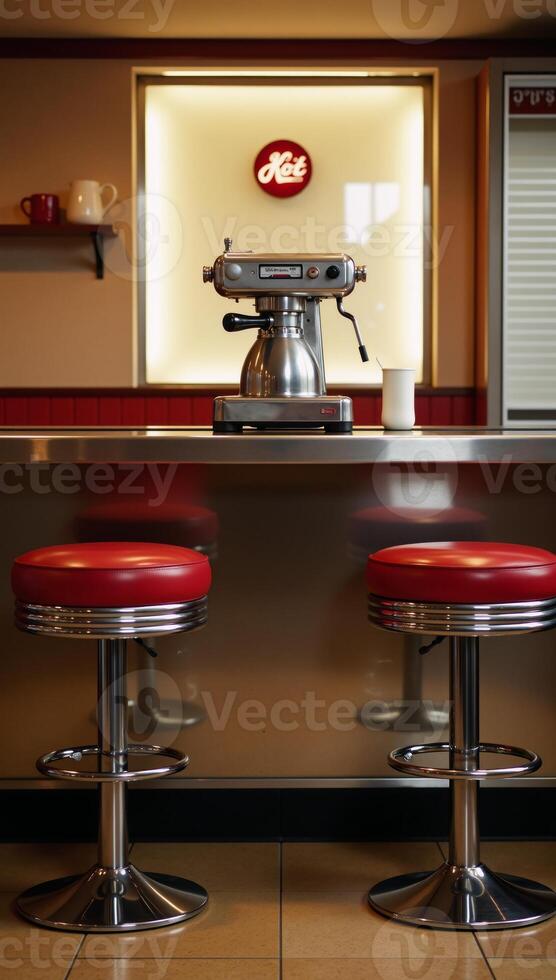 A retro diner counter featuring coffee maker and stools photo