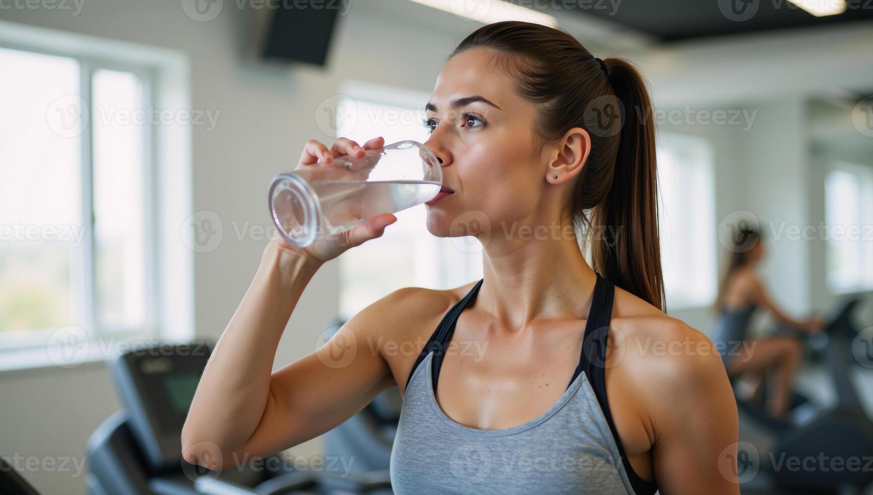 Woman drinking water in sports attire showcases hydration fitness and wellness photo