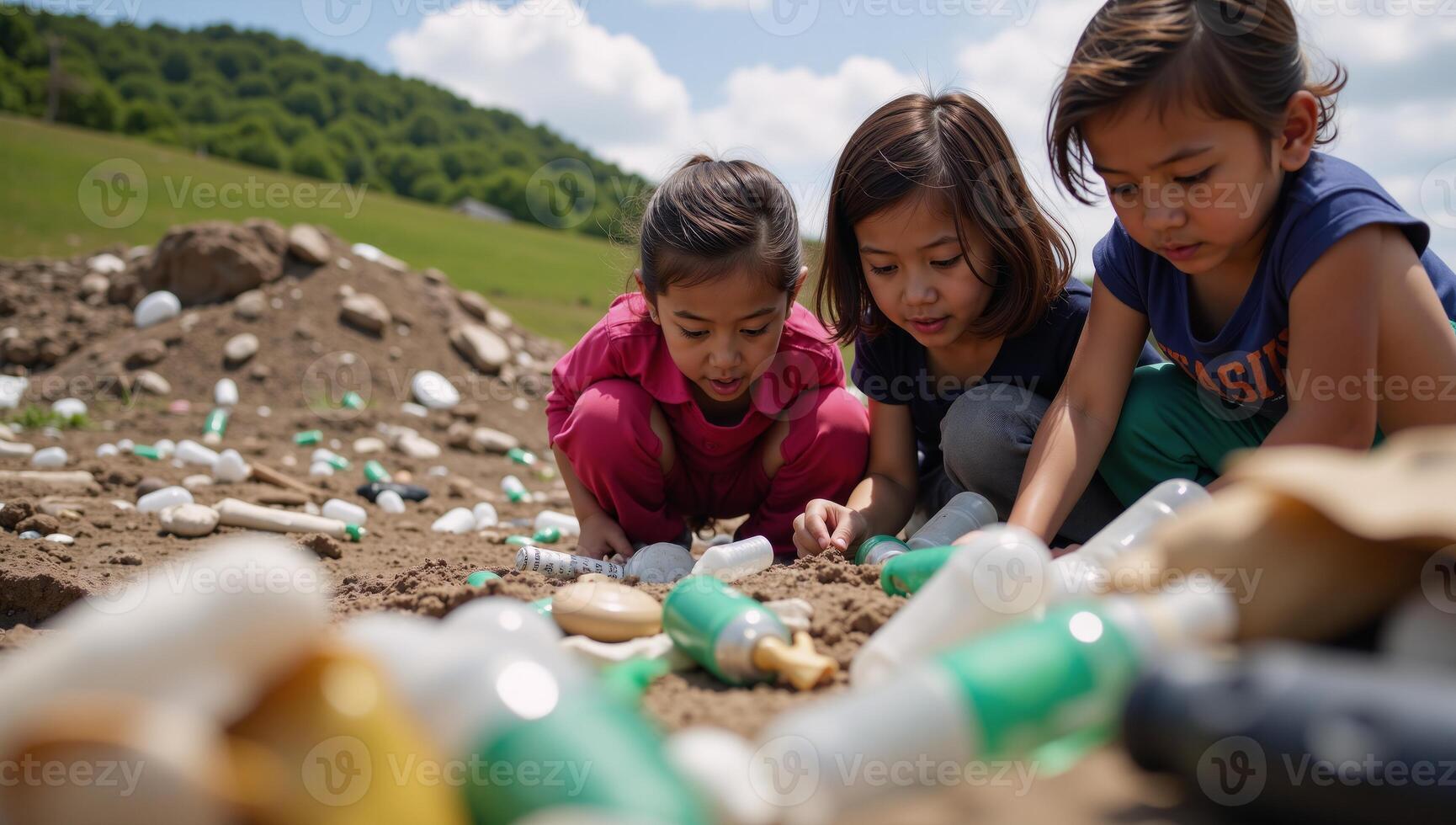 Children observe environmental pollution at a trashfilled dump site photo