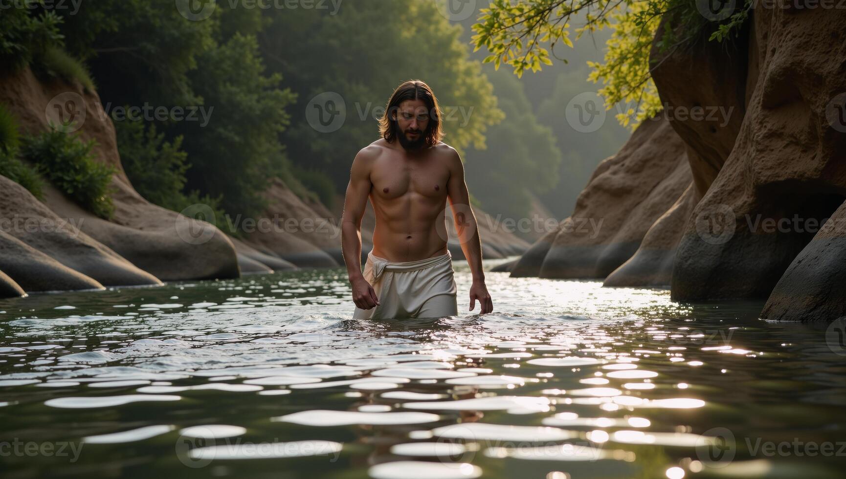 A powerful depiction of John baptizing Christ in the River Jordan symbolizing spiritual renewal and divine endorsement photo