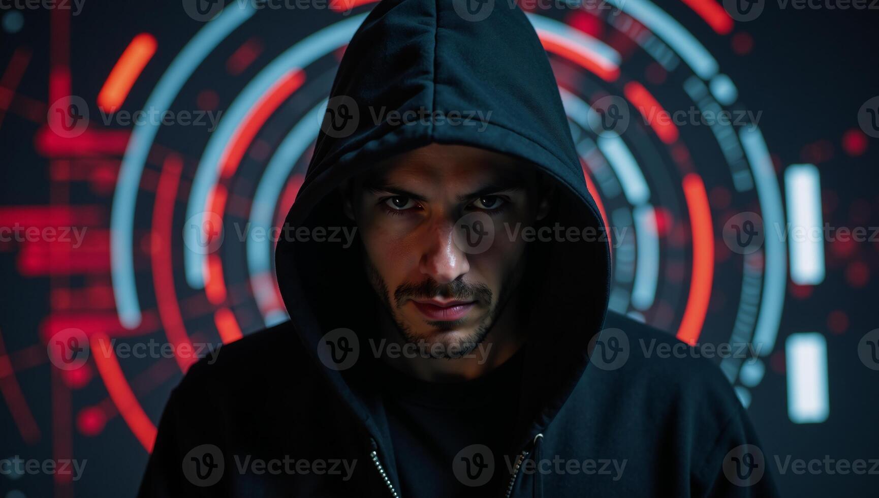 A hooded cybercriminal against a blurred glowing computer screen backdrop represents a concept of Internet Security Protection and Technology photo