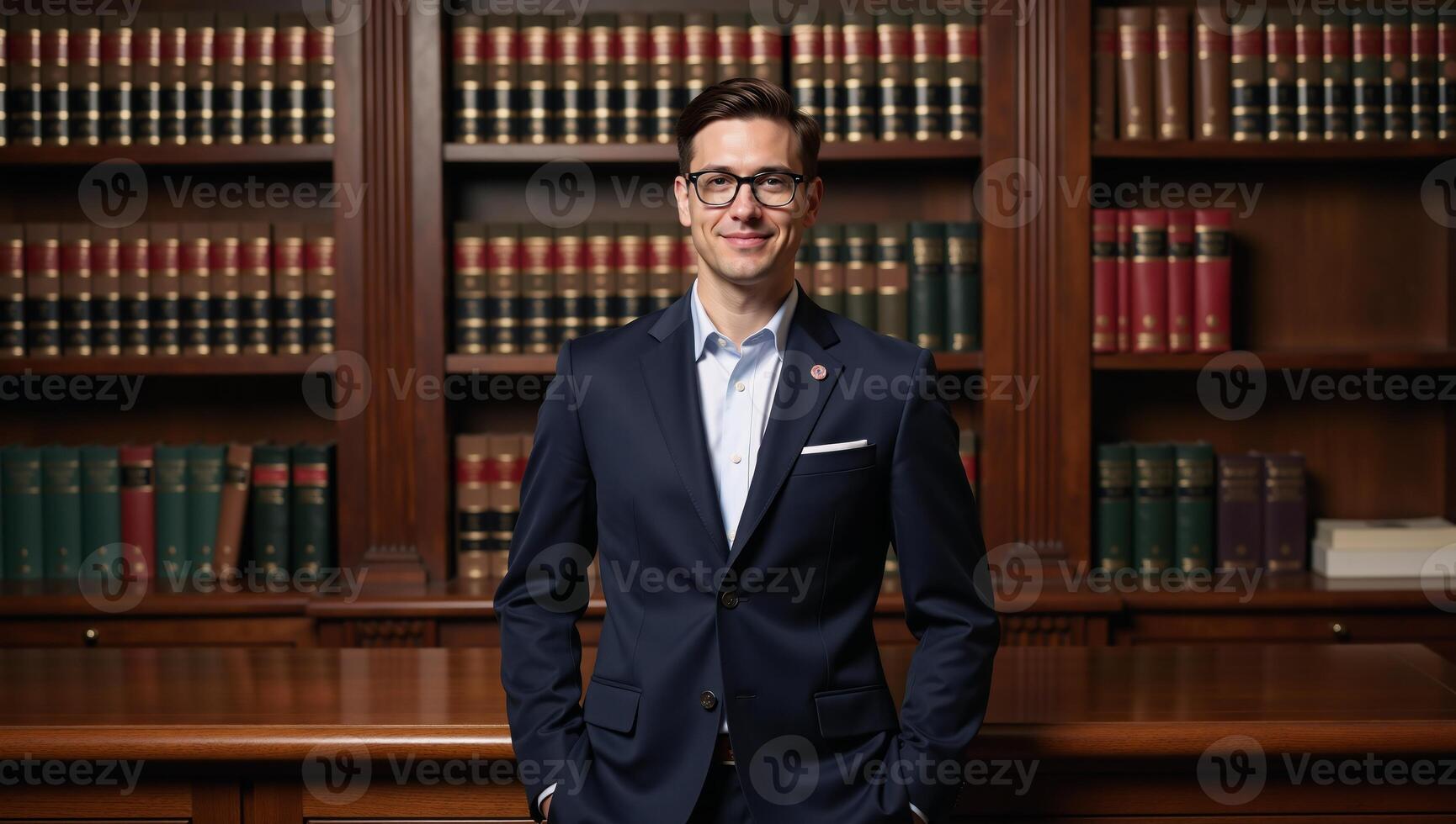 A professional photoshoot depicts an attractive attorney surrounded by books and lawthemed details within a legal library setting photo