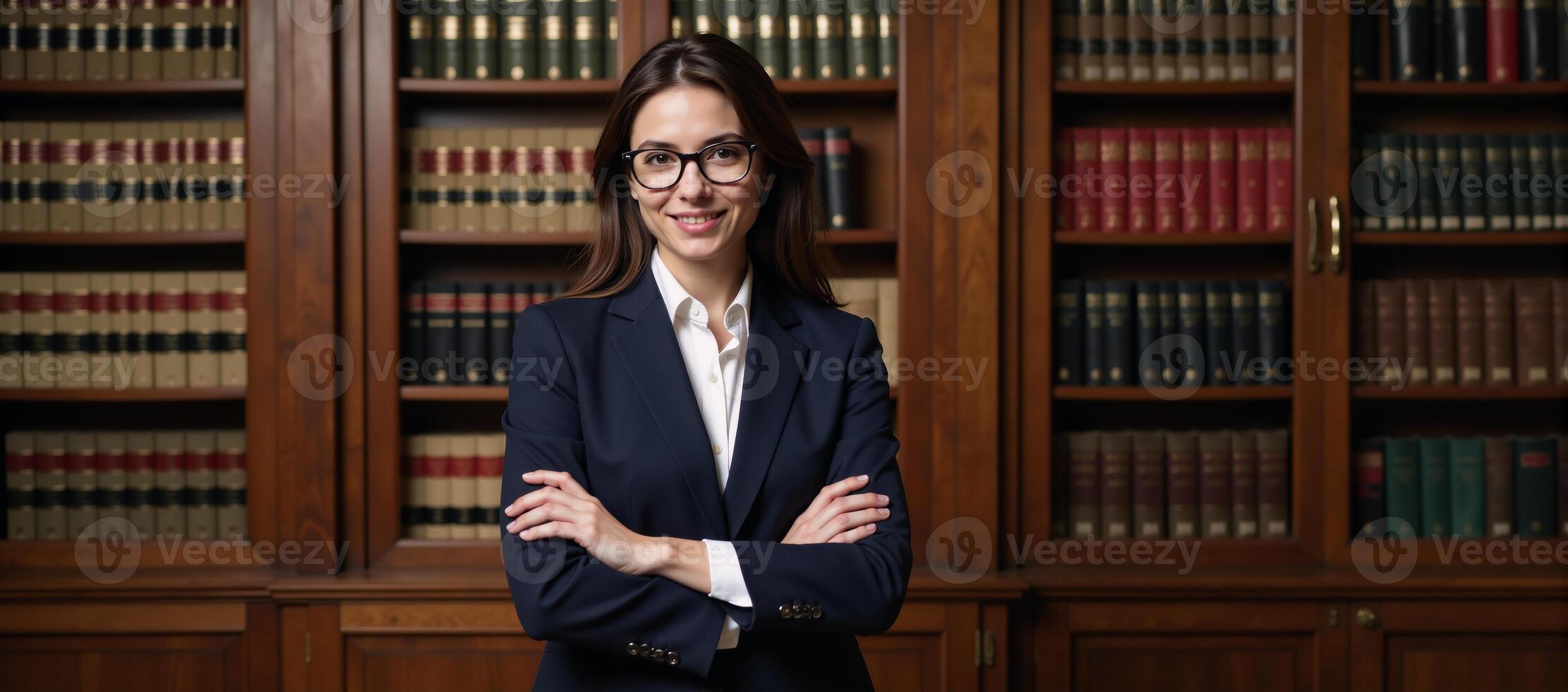 A professional photoshoot depicts an attractive attorney surrounded by books and lawthemed details within a legal library setting photo