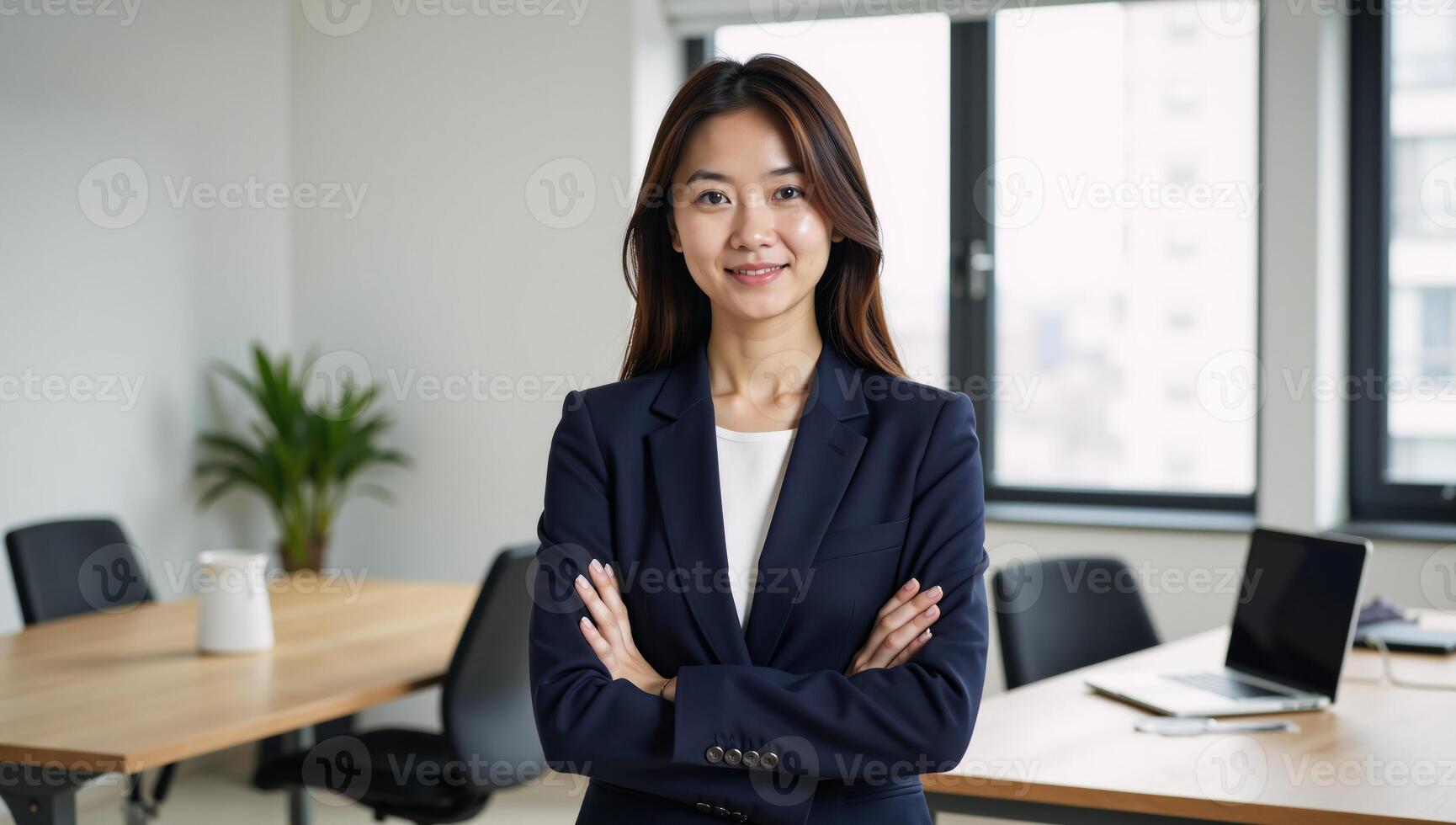 A dynamic businesswoman exudes confidence within an office environment photo