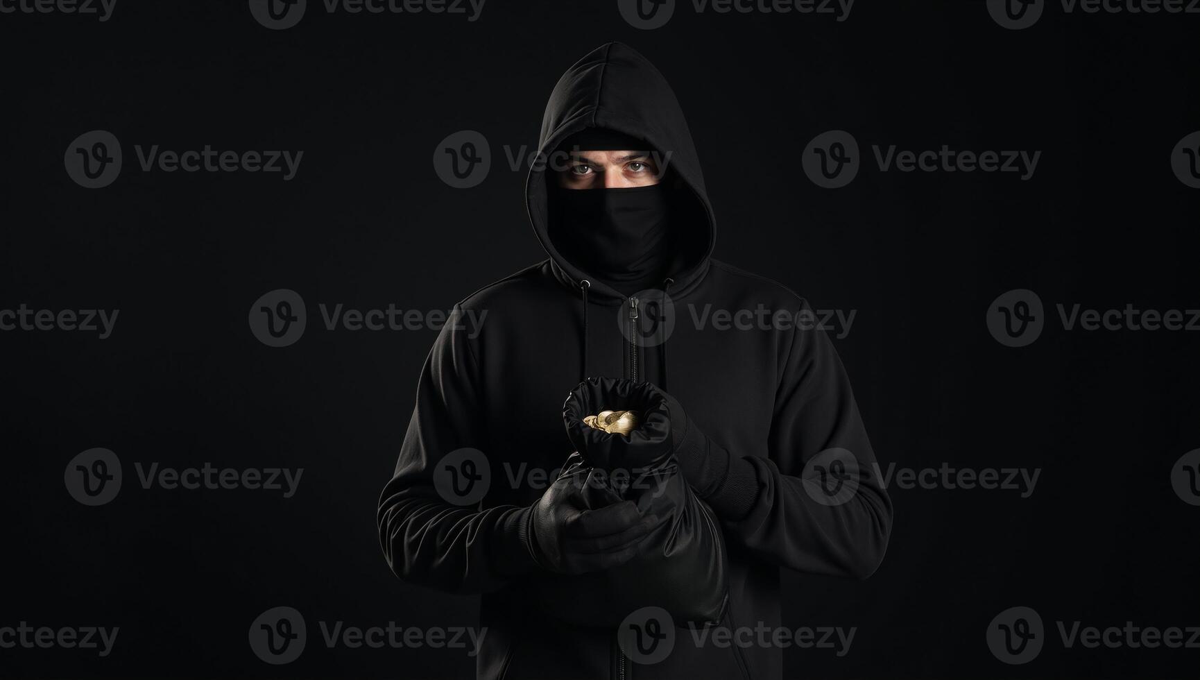 A shadowy bank robber stands against a dark backdrop clutching a bag of stolen cash outlined by a hint of a closed bank door photo