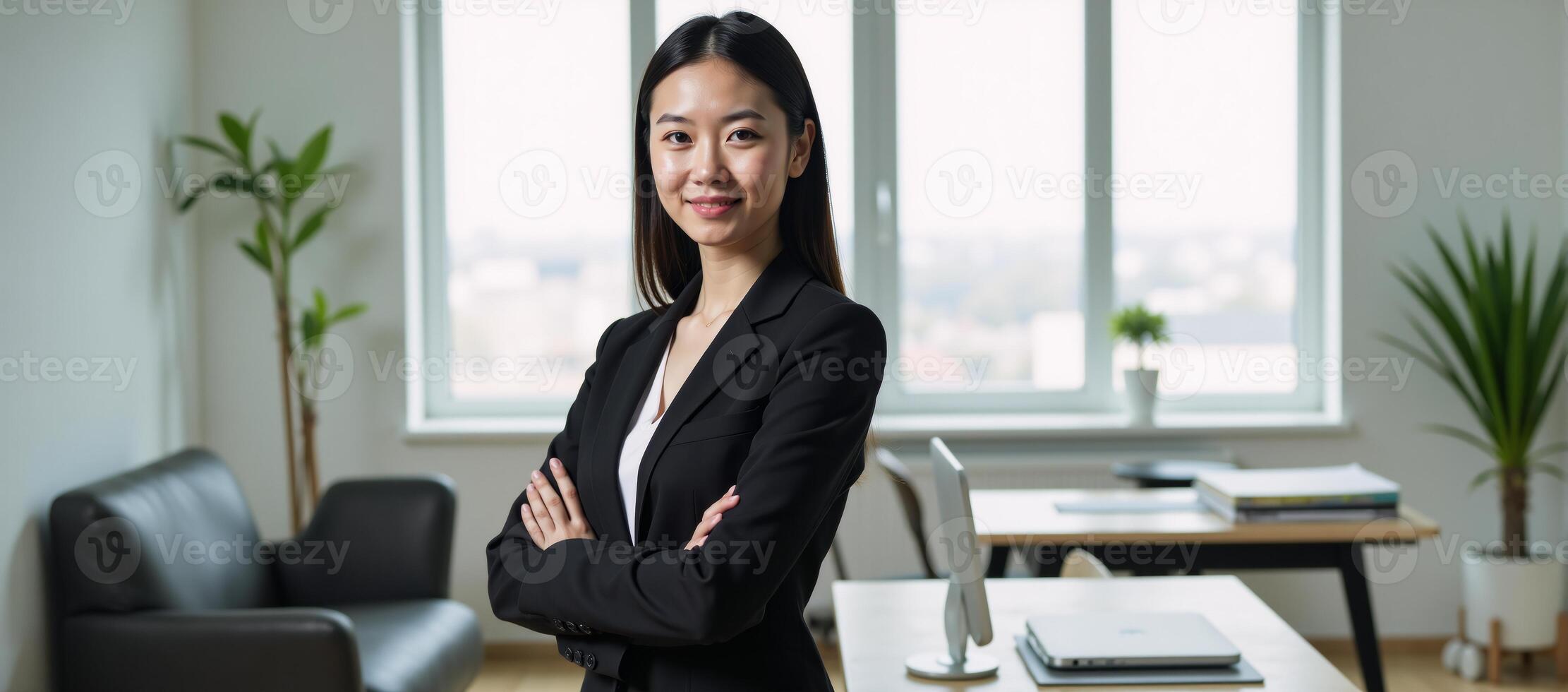 A dynamic businesswoman exudes confidence within an office environment photo
