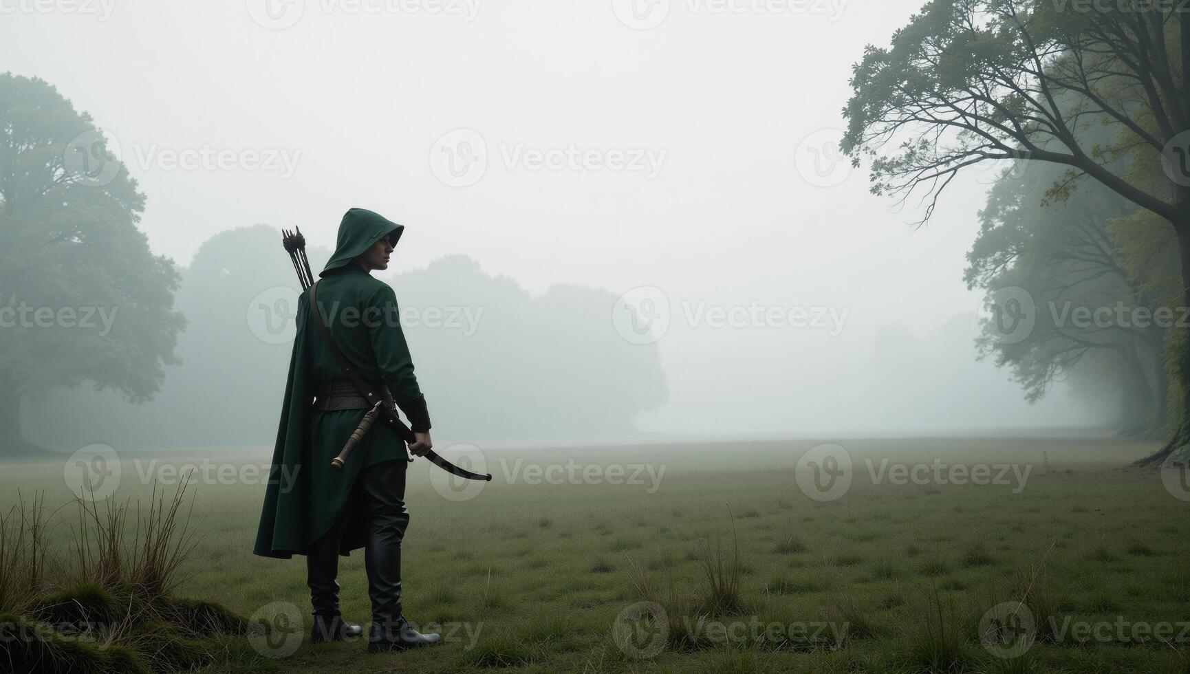 Foggy Morning Mysterious Robin Hood Planning Move on Misty Meadow photo