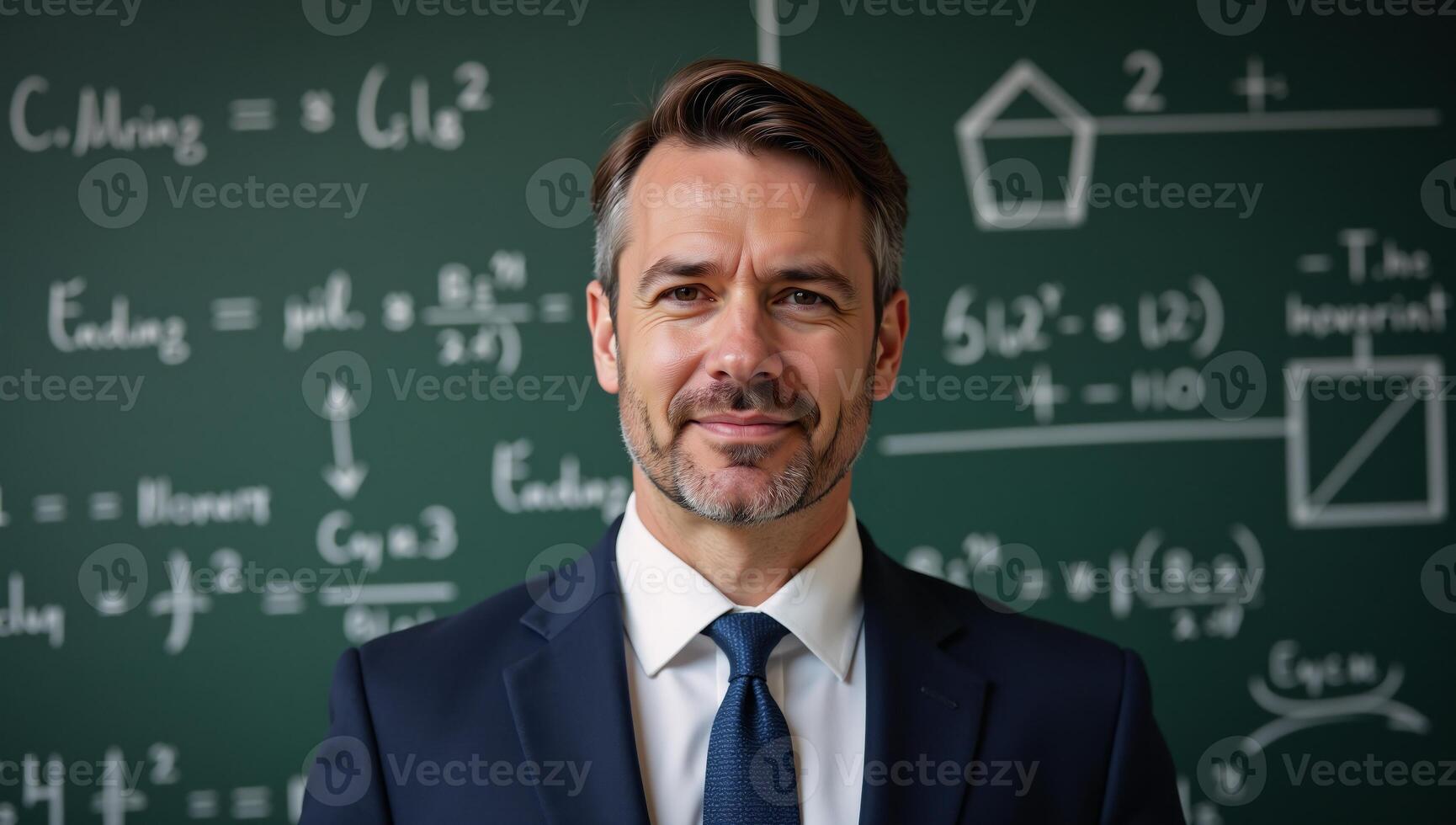 A businessman ponders amidst a wall of queries on a chalkboard photo