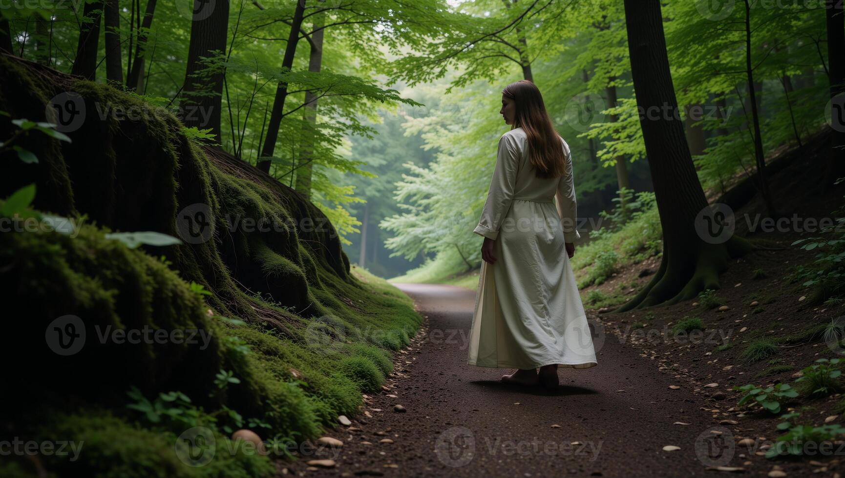 Ghost depicted standing on a woodland trail within a dense spooky forest photo