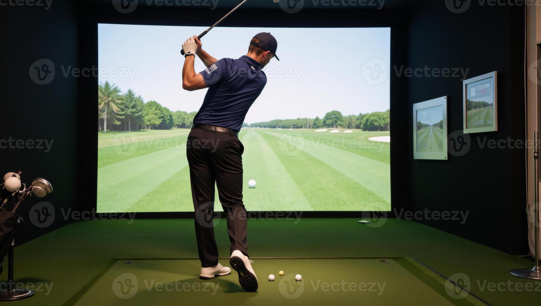 Golf enthusiast plays golf within an indoor simulator photo