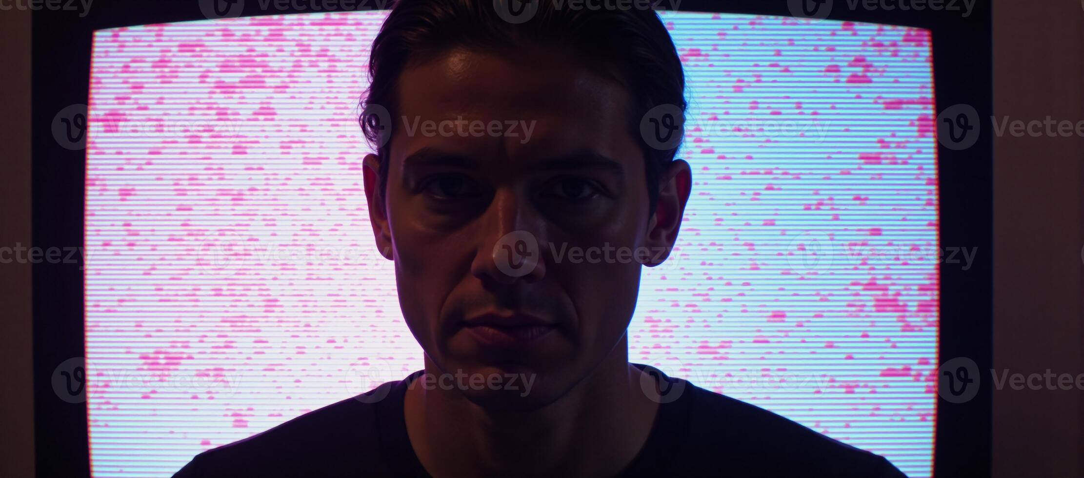 Digital art depicts futuristic distorted TV screen effect with postapocalyptic cyberpunk aesthetic and a white noiseno signal backdrop photo