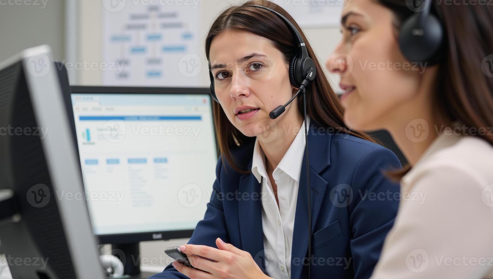 Closeup view of phoneassisting worker offering guidance over the phone photo