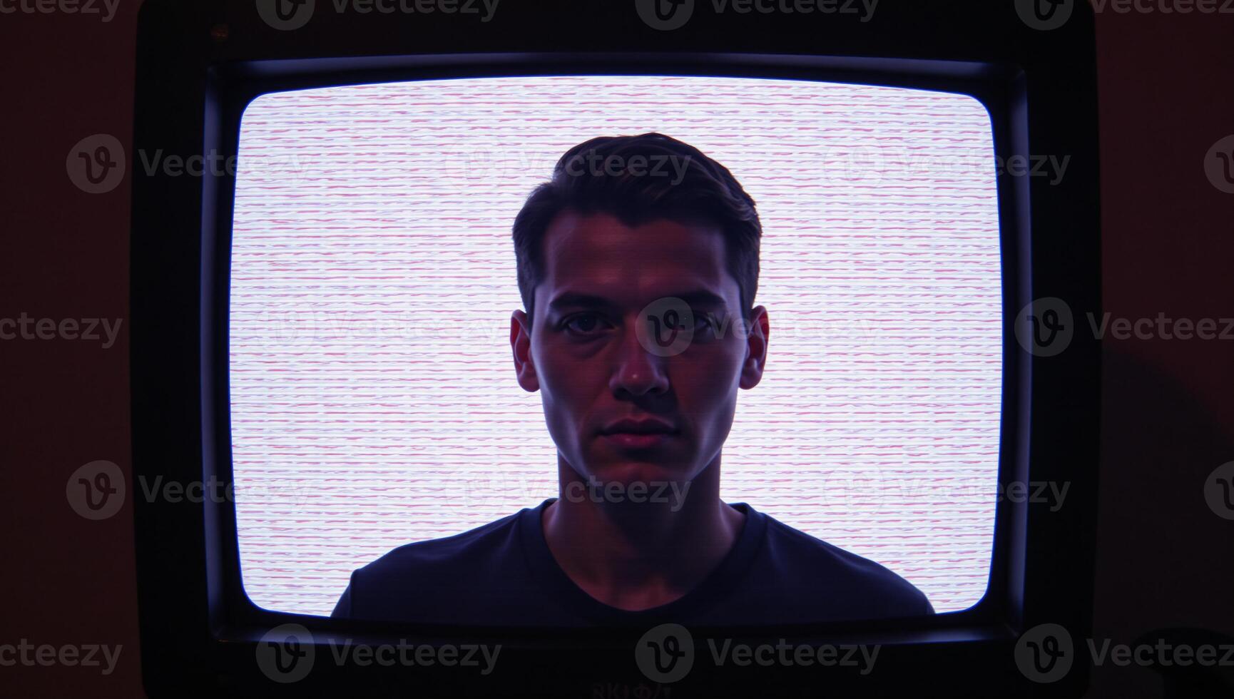 Digital art depicts futuristic distorted TV screen effect with postapocalyptic cyberpunk aesthetic and a white noiseno signal backdrop photo