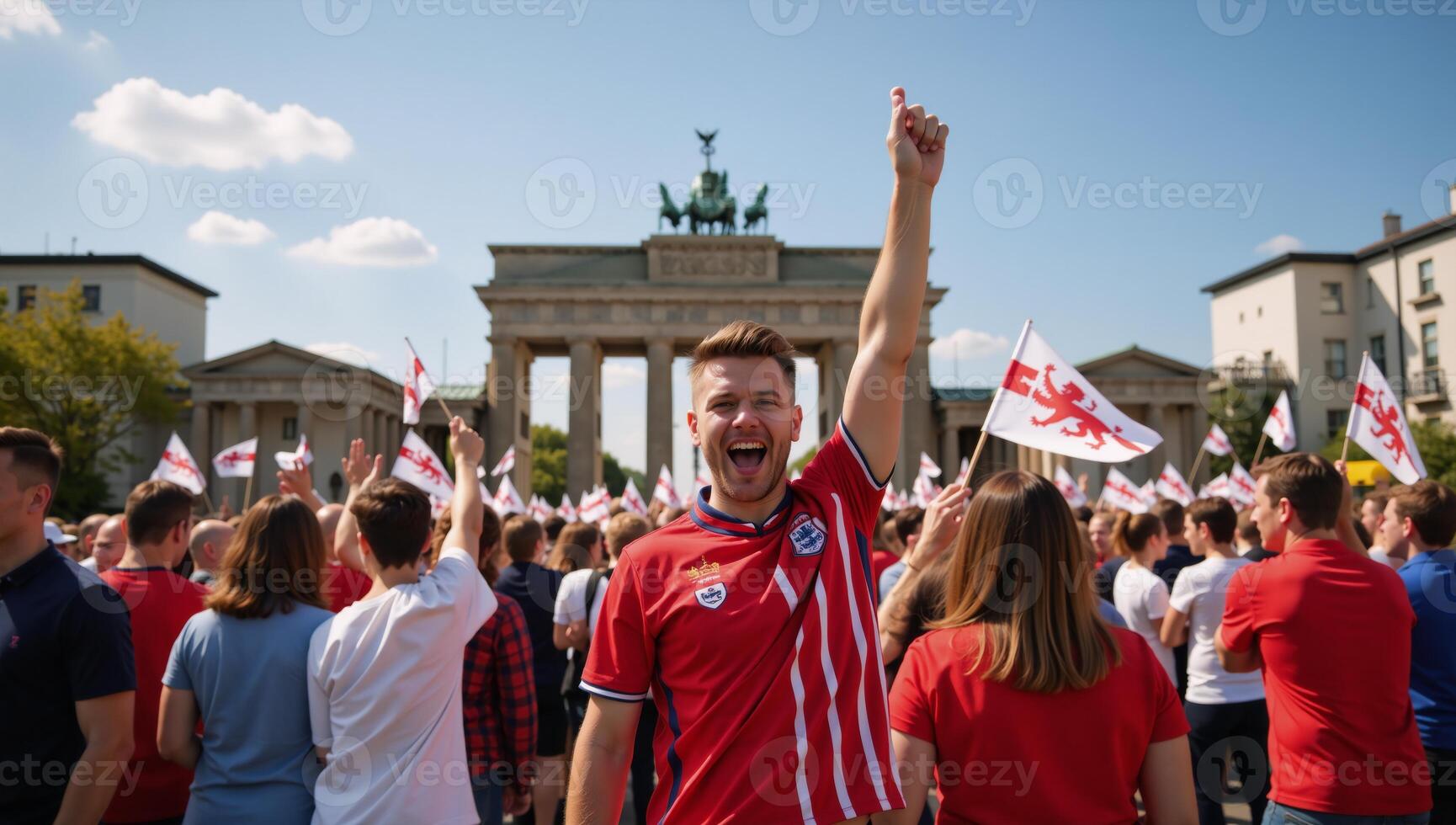 English football fans cheering on Three Lions at Berlins Brandenburg Gate photo
