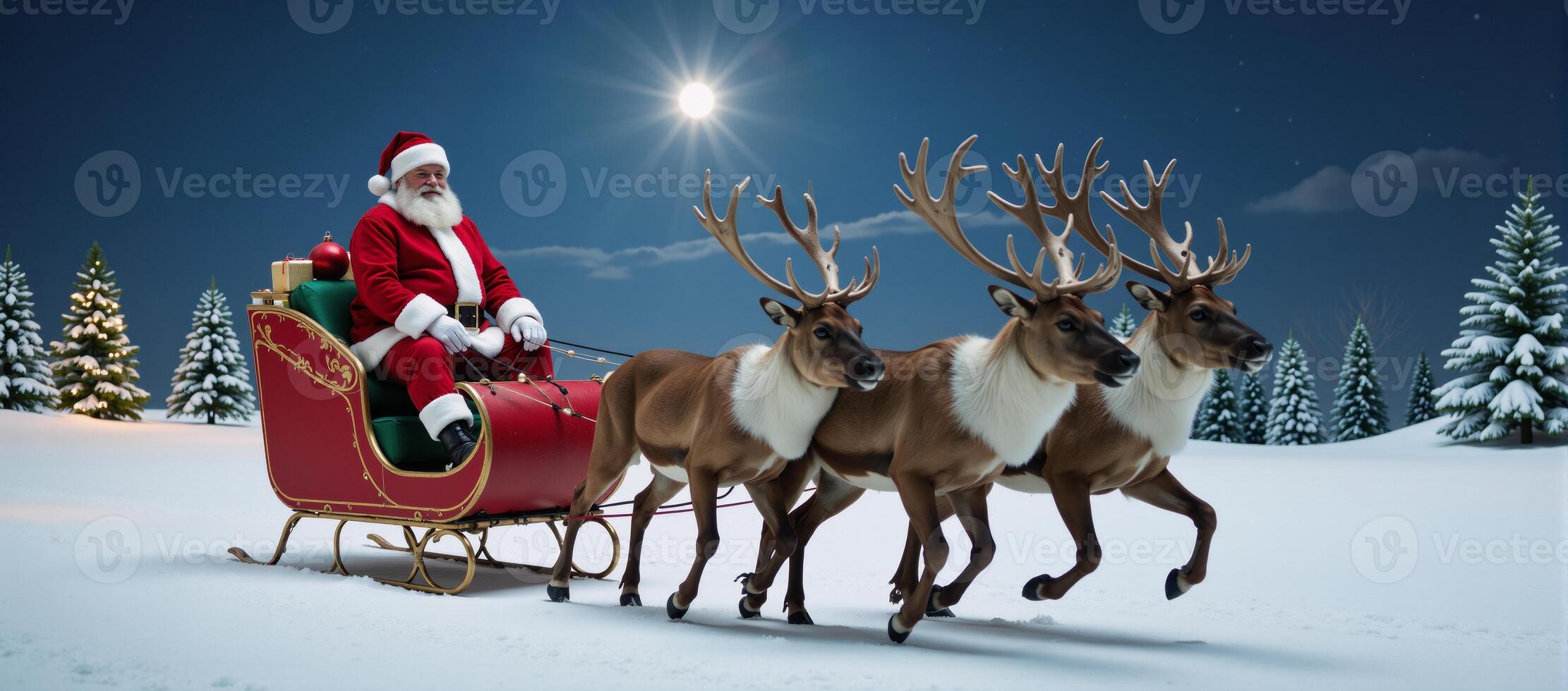 Santa Claus flying on his dynamic reindeerdrawn sleigh laden with gifts and sliding through the snowy landscape photo