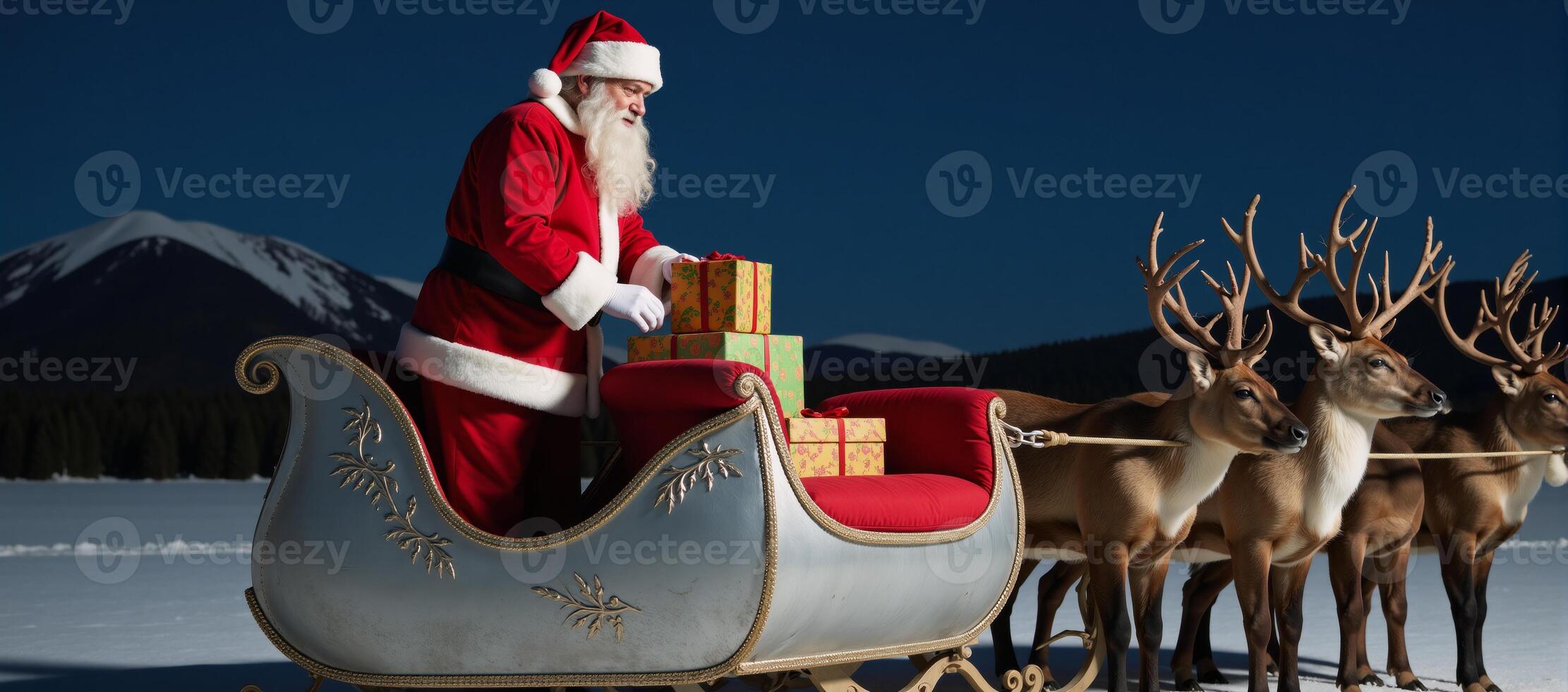 Santa Claus prepares for gift delivery on his sleigh with reindeers photo