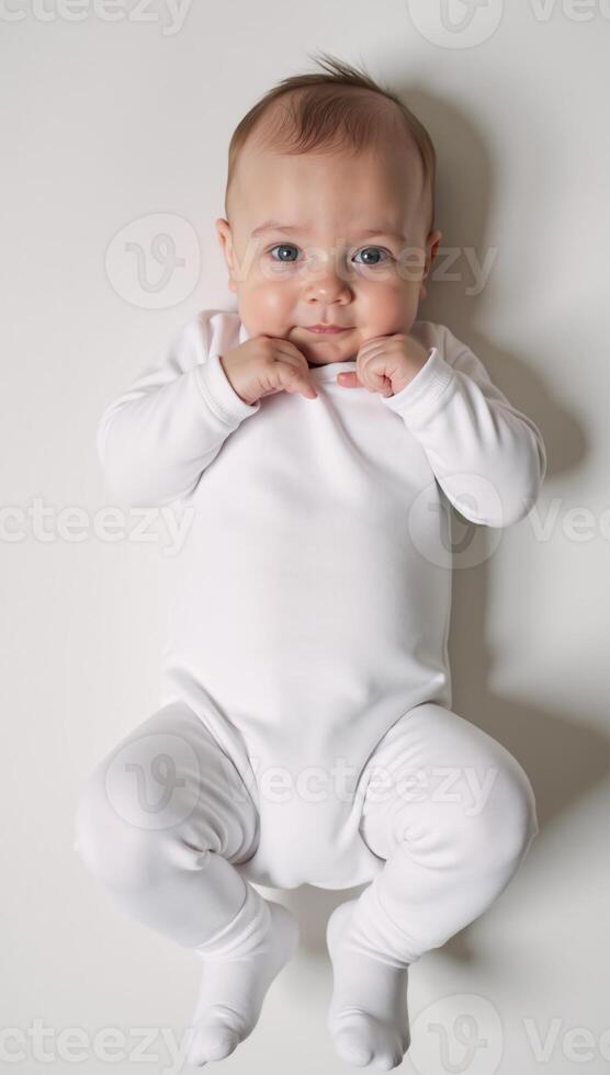 Infant dressed in white socks and pants photo