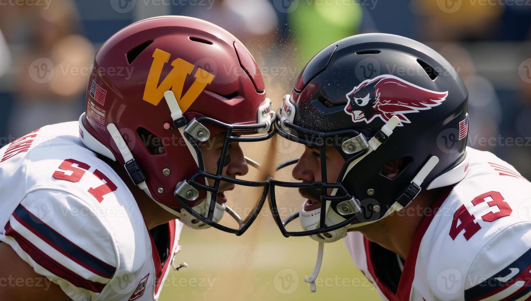 Football clash Two teams helmets collide on the gridiron symbolizing fierce competition in American football photo