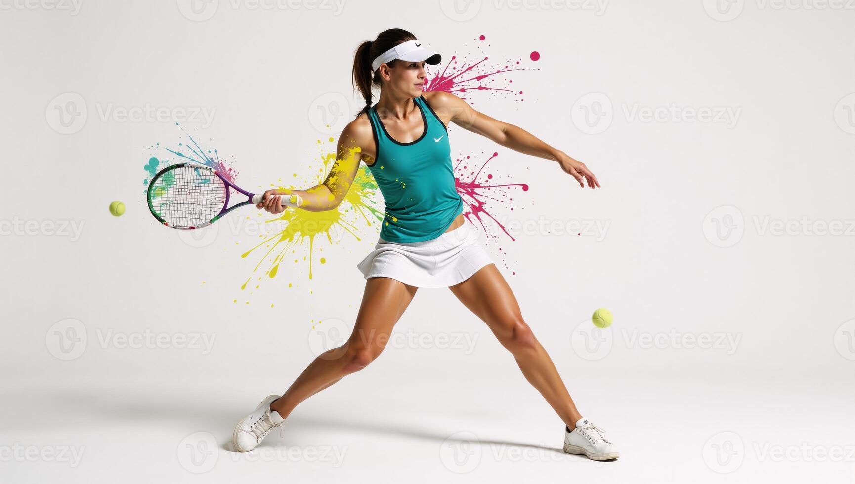 Abstracted female tennis player in motion against a plain white backdrop featuring vivid color splashes and dynamic paint strokes photo